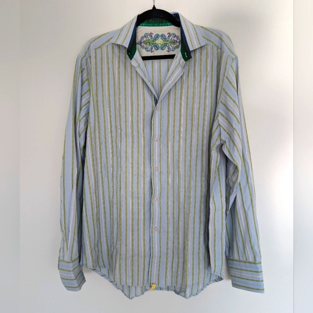 Robert Graham Vertical Stripe Silk Trim Button Up Long Sleeve Dress Shirt Sz L